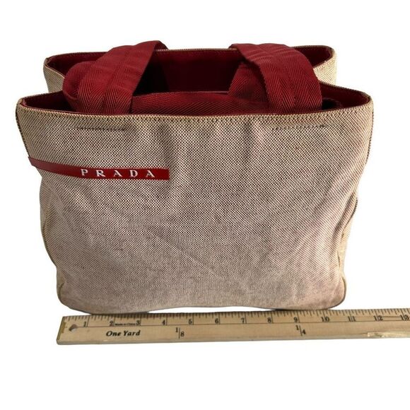 AuthenticāPrada Canvas Tote w/Beige & Red Tint w Logo Handbag - Picture 14 of 15